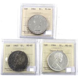 1964, 1965 & 1966 Canada Silver $1 ICCS Certified Collection. 1964 PL-64, 1965 Small Beads Pointed