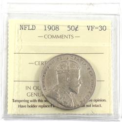 1908 Newfoundland 50-cent ICCS Certified VF-30.