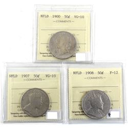 1900-1908 Newfoundland 50-cent ICCS Certified - 1900 VG-10, 1907 VG-10 & 1908 F-12. 3pcs