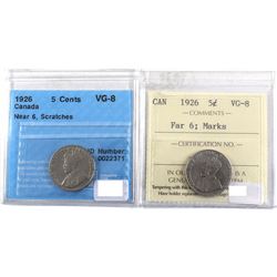 1926 Canada 5-cent Near 6 & Far 6 Certified VG-8 - Near 6 CCCS Certified (scratches) & Far 6 ICCS Ce