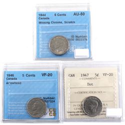 1944-1947 Canada 5-cent Varieties Certified. 1944 Missing Chrome CCCS AU-50 (scratch), 1946 Arrowhe