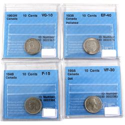 1903-1956 Canada 10-cent CCCS Certified - 1903H VG-10, 1938 EF-40 (Polished), 1948 F-15 & 1956 Dot V