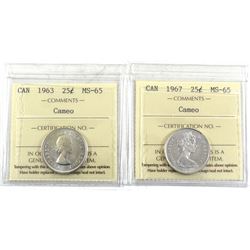 1963 & 1967 Canada 25-cent ICCS Certified MS-65 Cameo. 2pcs