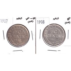 1907 Newfoundland 50-cent VF-EF & 1908 Newfoundland 50-cent Extra Fine (coins are scratched). 2pcs