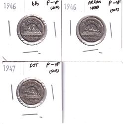 1946 & 1947 Canada 5-cent in F-VF. 1946 6/6, 1946 Arrowhead & 1947 Dot (coins are scratched). 3pcs