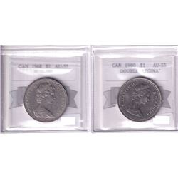 1968 Canada Nickel $1 No Island & 1980 Nickel $1 Double "Regina" Both Coin Mart Graded AU-55. 2pcs