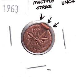 Error! 1963 Canada 1-cent with Multiple Strike Error UNC+.