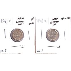 Error! 2x 1941C Newfoundland 5-cents with 22.5 Degree Rotated Die Errors - Very Fine and EF-AU. 2pcs