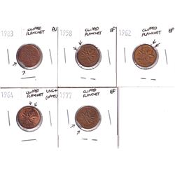 Error Lot! 1958, 1962, 1964, 1977 & 1983 Canada 1-cent with Clipped Planchet Errors Extra Fine, Almo