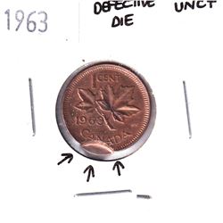 Error! 1963 Canada 1-cent with Defective Die Error UNC+.