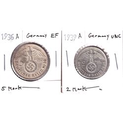 1936A Germany 5 Mark Extra Fine & 1939A Germany 2 Mark Uncirculated. 2pcs