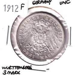 1912F Germany Wurttemberg 3 Mark Uncirculated.