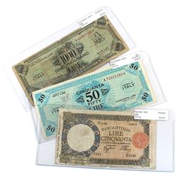 Lot of 1943 Italy Banknotes - 1943 50 Lire Pick #66 Very Good (Tear), 1943A 50 Lire Pick #M20a Extra