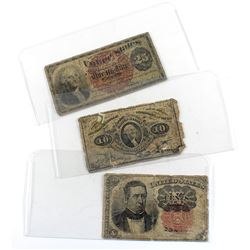 2x 10-cent & 25-cent United States Fractional Currency Notes (Impaired). 3pcs