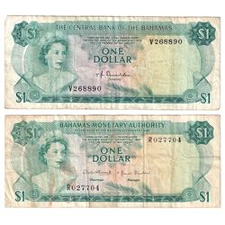 1968 Bahamas $1 Pick #27a Very Fine (Stain) & 1974 $1 Pick #35a Donaldson Very Fine (Holes). 2pcs