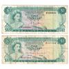 Image 1 : 1968 Bahamas $1 Pick #27a Very Fine (Stain) & 1974 $1 Pick #35a Donaldson Very Fine (Holes). 2pcs