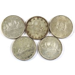 1962, 1963, 1964, 1965 & 1966 Canada Silver Dollars. 5pcs