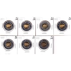 Estate Lot 1997-2011 Canada $2 Proof Collection (impaired). You will receive 2x 1997, 1998, 1999, 2x