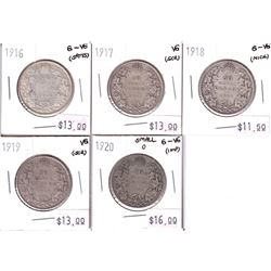 1916-1920 Canada 50-cent - 1916 G-VG, 1917 VG, 1918 G-VG, 1919 VG & 1920 Small 0 G-VG. Coins contain