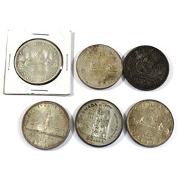 1939, 1949, 1953, 1954, 1958 & 1963 Canada Silver Dollars. 6pcs