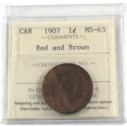 1-cent 1907 ICCS Certified MS-63 Red & Brown. Nice even tones throughout obverse and reverse.