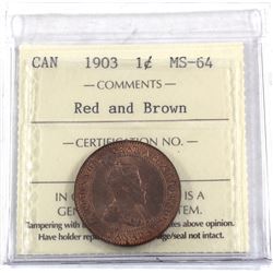 1-cent 1903 ICCS Certified MS-64 Red & Brown. A great deep burnt orange coin.