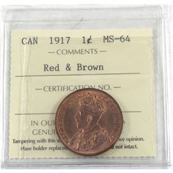 1-cent 1917 ICCS Certified MS-64 Red & Brown. A primarily red coin with soft satin fields. Great eye