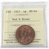 Image 1 : 1-cent 1917 ICCS Certified MS-64 Red & Brown. A primarily red coin with soft satin fields. Great eye