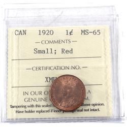 1-cent 1920 Small, ICCS Certified MS-65 RED! A near pristine example of the first year of the Small 