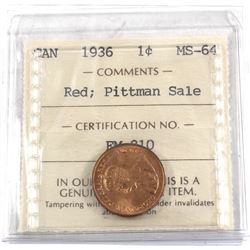 1-cent 1936 ICCS Certified MS-64 RED; Pittman Sale. Bright vibrant orange coin in old embossed 2 let