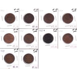Group Lot 10x Canada Large 1-cent. Lot includes: 1902, 1903, 1904, 1905, 1906, 1907, 1907H, 1908, 19