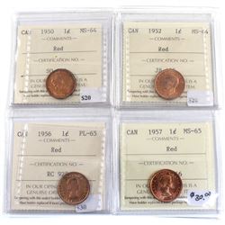 Group Lot 4x 1-cent ICCS Certified. Lot includes: 1950 MS-64, 1952 MS-64, 1956 PL-65, & 1957 MS-65. 