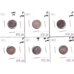 Group Lot 6x Victorian Silver 5-cent. Lot includes: 1888, 1891, 1893, 1896, 1899, & 1900 Oval 0's. C