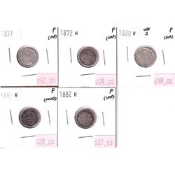 Group Lot 5x Victorian Silver 5-cent. Lot includes: 1871, 1872H, 1880H Obv.3, 1881H, & 1882H. Coins 
