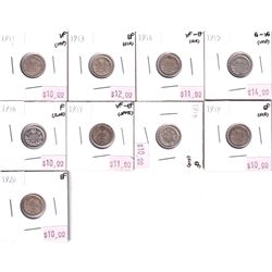 Group Lot 9x George 5th Silver 5-cent. Lot includes: 1911, 1913, 1914, 1915, 1916, 1917, 1918, 1919,