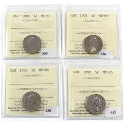 Group Lot 4x 5-cent ICCS Certified MS-65. Lot includes: 1990, 1991, 1992, & 1993. 4pcs