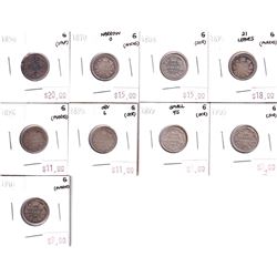 Group Lot 9x Victorian Silver 10-cent. Lot includes: 1858, 1870 Narrow 0, 1888, 1891 21 Lvs, 1896, 1
