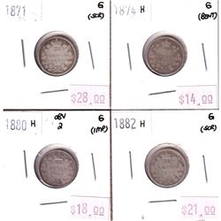 Group Lot 4x Victorian Silver 10-cent. Lot includes: 1871, 1874H, 1880H Obv.2, 1882H. All coins are 