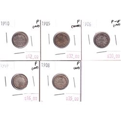 Group Lot 5x Edward VII Silver 10-cent. Lot includes: 1905, 1906, 1907, 1908 & 1910. All coins F-12 