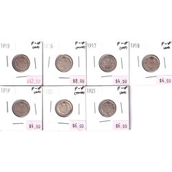 Group Lot 7x George 5th Silver 10-cent. Lot includes: 1915, 1916, 1917, 1918, 1919, 1920, & 1921. Al