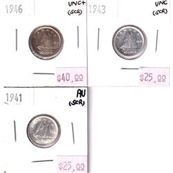 Group Lot 3x George 6th Silver 10-cent. Lot includes: 1941 AU, 1943 UNC, & 1946 UNC+. Coins have scr