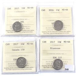 Group Lot 4x 5-cent ICCS Certified All MS-66! Lot includes 2015, 2016, 2017 150th, 2017 Bluenose. 4p