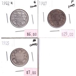 Group Lot 3x Low grade Edward VII Silver 25-cent. Lot includes: 1902H, 1905, 1907. Coins may be ligh