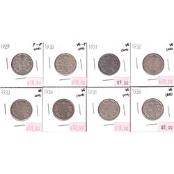Group Lot 8x George 5th Silver 25-cent. Lot includes: 1929, 1930, 1931, 1932, 1933, 1934, 1935 & 193