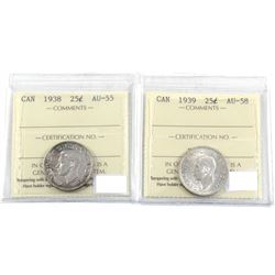 1938 & 1939 25-cent ICCS Certified AU-55 & AU-58. 2pcs