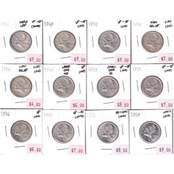 Group Lot 12x Silver 25-cent. Lot includes: 1947 ML, 1949, 1950, 1952 HR, 1952 LR, 1953 LD NSF, 1953