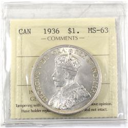 $1 1936 ICCS Certified MS-63. Attractive Mint state coin.