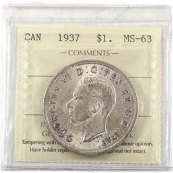 $1 1937 ICCS Certified MS-63. First Year Strike George 6th!