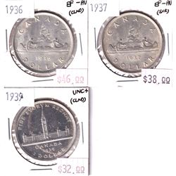 Group Lot 3x Silver $1: 1936 EF-AU, 1937 EF-AU, & 1939 UNC+. Coins may be lightly cleaned or impaire