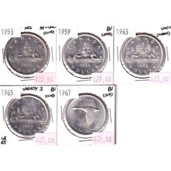 Group Lot 5x Silver $1, 1953 NSS, 1959, 1963, 1965 V3, 1967. Coins are AU to BU condition. Nice brig